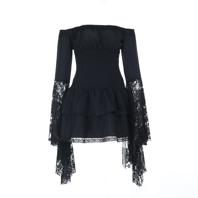Long flared sleeve off shoulder lace ruched mini dress