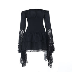 Long flared sleeve off shoulder lace ruched mini dress