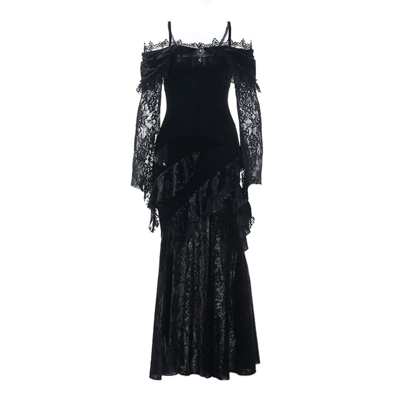 Lace long sleeve off shoulder velvet maxi dress