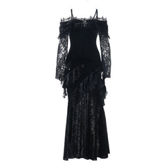 Lace long sleeve off shoulder velvet maxi dress