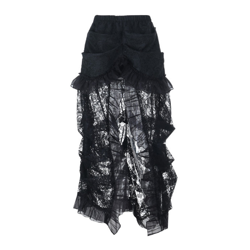 Ruched lace slit solid maxi skirt