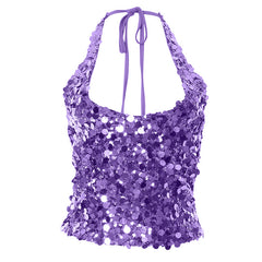 Halter glitter backless self tie top