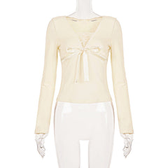Bowknot long sleeve v neck lace top