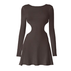 Long sleeve crewneck contrast backless mini dress