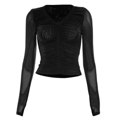 Sheer mesh long sleeve ruched v neck top