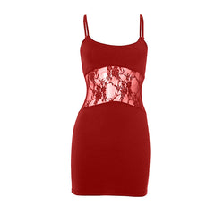 U neck lace patchwork solid cami mini dress