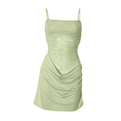 Square neck lace ruched cami mini dress