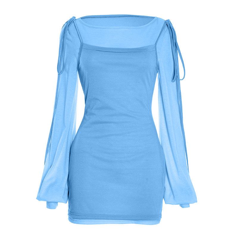 Long sleeve gloves crewneck self tie mini dress