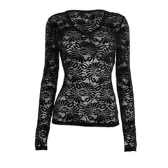 Long sleeve v neck lace see through top