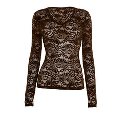 Long sleeve v neck lace see through top