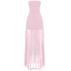 Slit mesh ruched backless tube maxi dress
