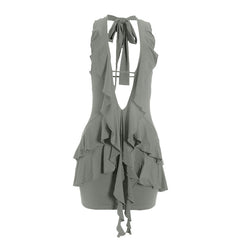 Halter self tie ruched deep v neck ruffle mini dress