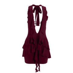 Halter self tie ruched deep v neck ruffle mini dress
