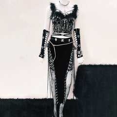 Feather v neck metal chain backless cami top