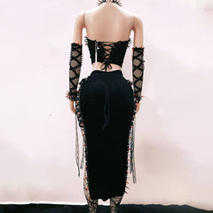 Metal chain rivet applique lace up tube top