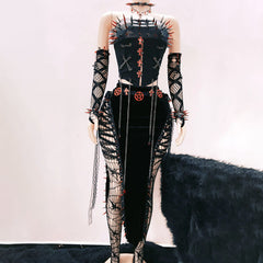 Metal chain rivet applique lace up tube top