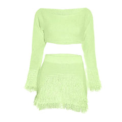 Raw hem long sleeve knitted solid mini skirt set