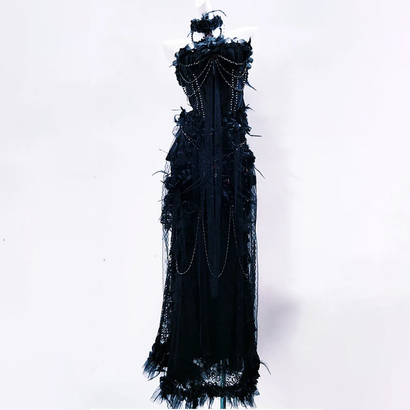 Beaded flower applique feather tube maxi skirt set