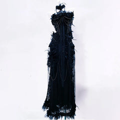 Beaded flower applique feather tube maxi skirt set