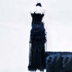 Beaded flower applique feather tube maxi skirt set