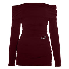 Off shoulder long sleeve solid ruched mini dress