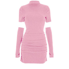 Crewneck gloves ruched solid mini dress