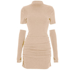 Crewneck gloves ruched solid mini dress