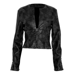 PU leather long sleeve zip-up coat top