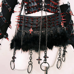 Metal chain lace up rivet applique zip-up top
