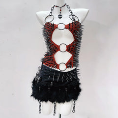 Hollow out o ring rivet applique halter cut out top