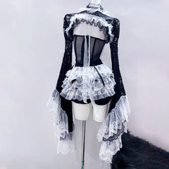 Long flared sleeve bowknot lace hem mini skirt set