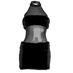 Halter fluffy mesh patchwork mini dress