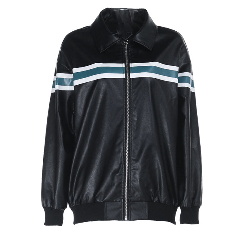 Zip-up long sleeve turnover collar PU leather top