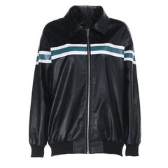 Zip-up long sleeve turnover collar PU leather top