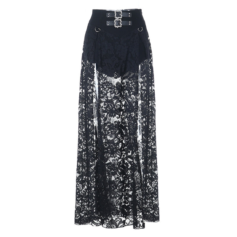 Lace slit buckle zip-up solid maxi skirt