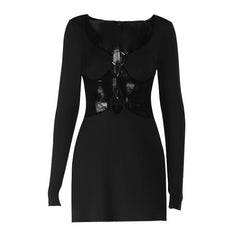Hollow out o ring long sleeve lace cut out mini dress