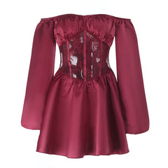 Off shoulder long sleeve zip-up lace mini dress