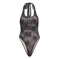 Self tie halter u neck lace letter pattern bodysuit