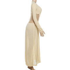 Hollow out v neck long sleeve knitted cut out maxi dress