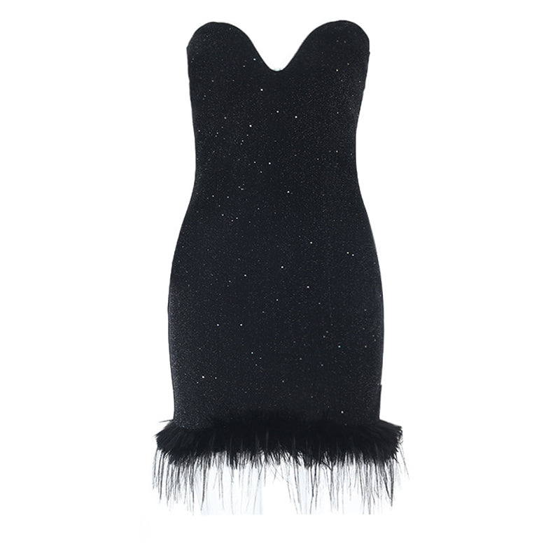 Sweetheart neck fluffy glitter mini dress