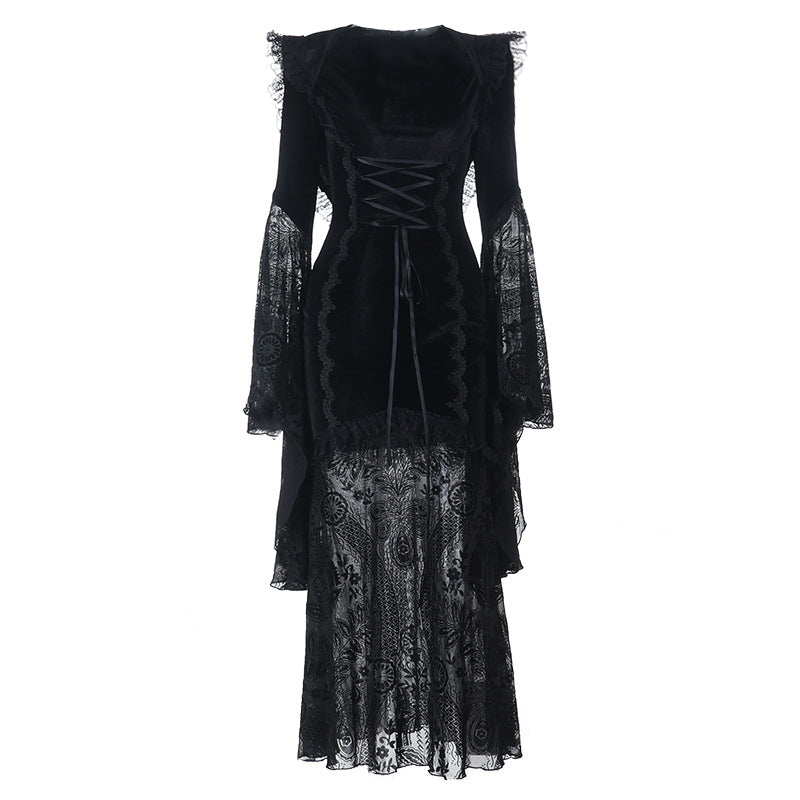 Hoodie long flared sleeve velvet maxi dress