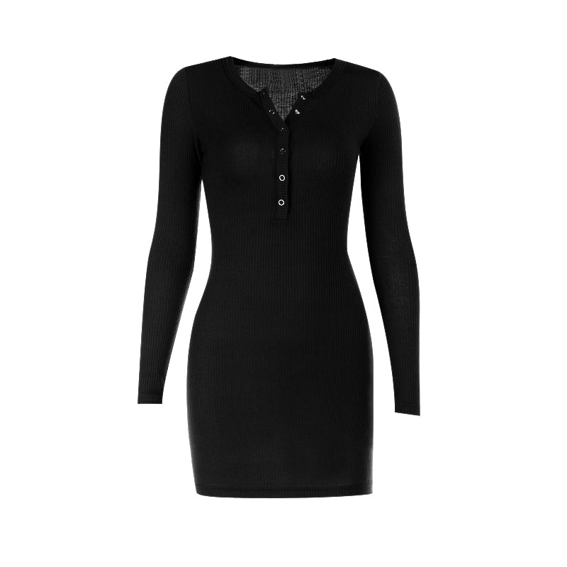 Long sleeve ribbed solid button mini dress