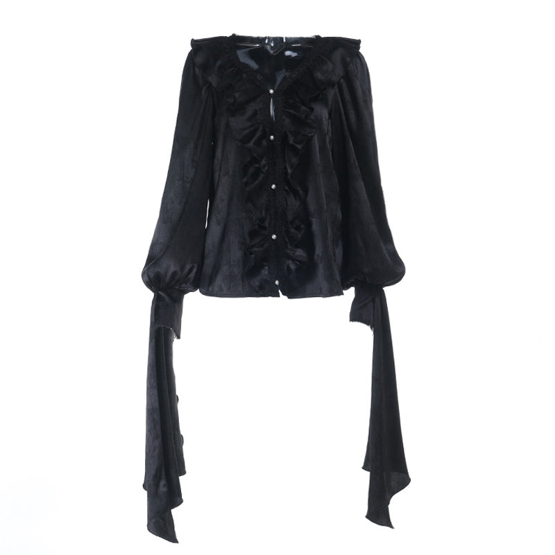 Long sleeve v neck ruffle button top