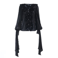 Long sleeve v neck ruffle button top