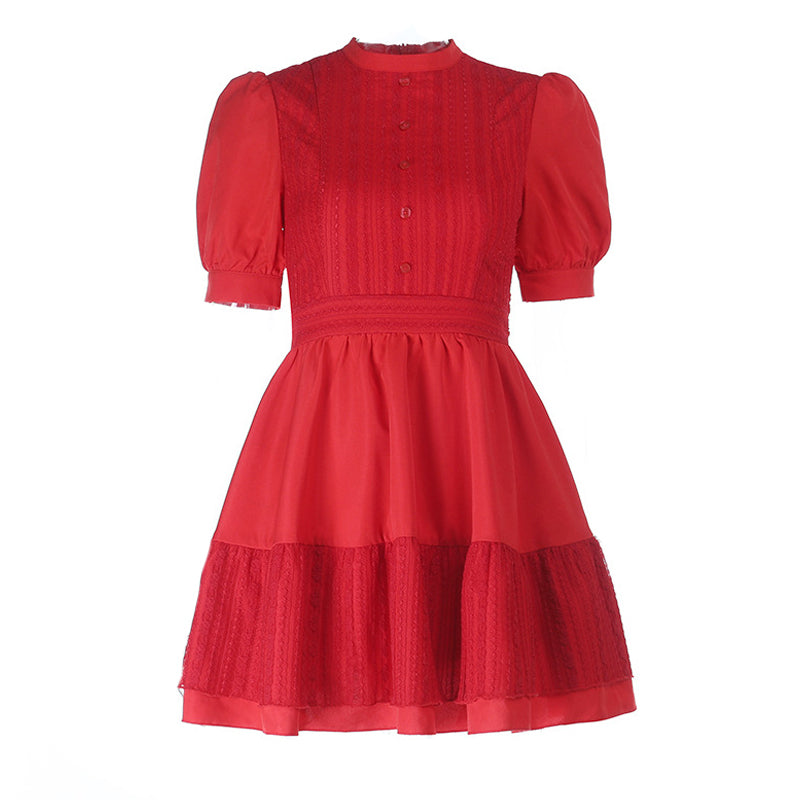 Puff sleeve bowknot zip-up mini dress
