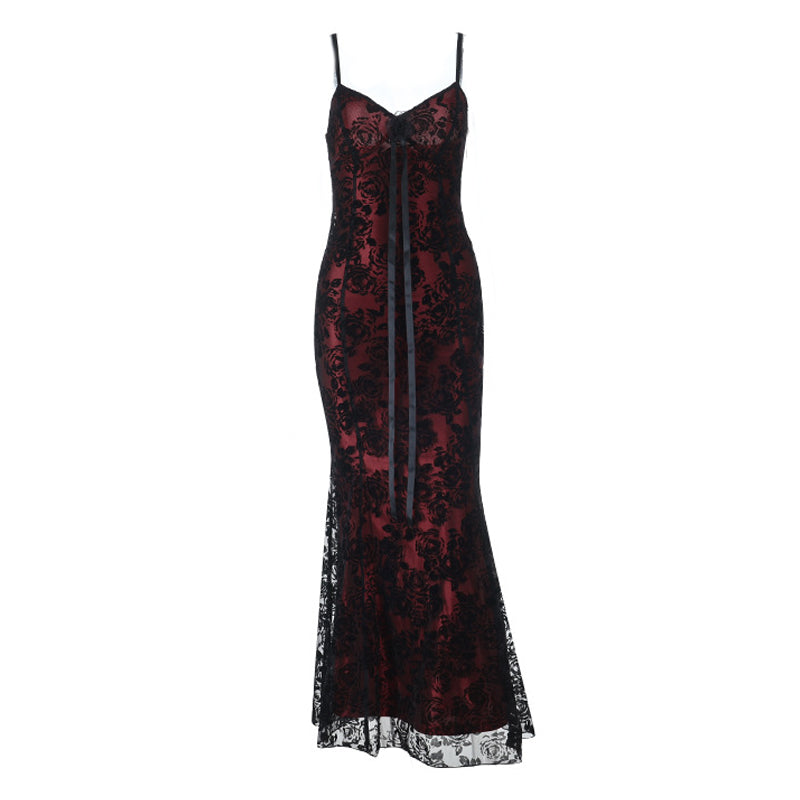 V neck flower applique lace cami maxi dress