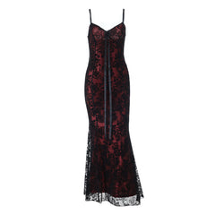V neck flower applique lace cami maxi dress