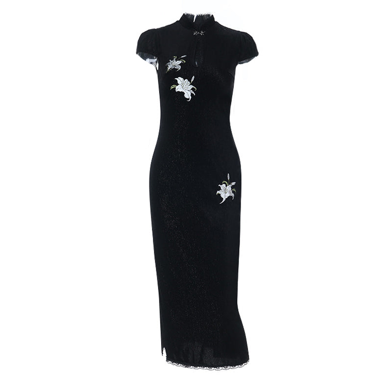 Flower embroidery cap sleeve slit maxi dress