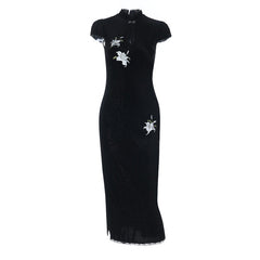 Flower embroidery cap sleeve slit maxi dress