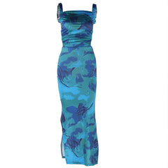 Square neck ruched print backless self tie cami maxi dress